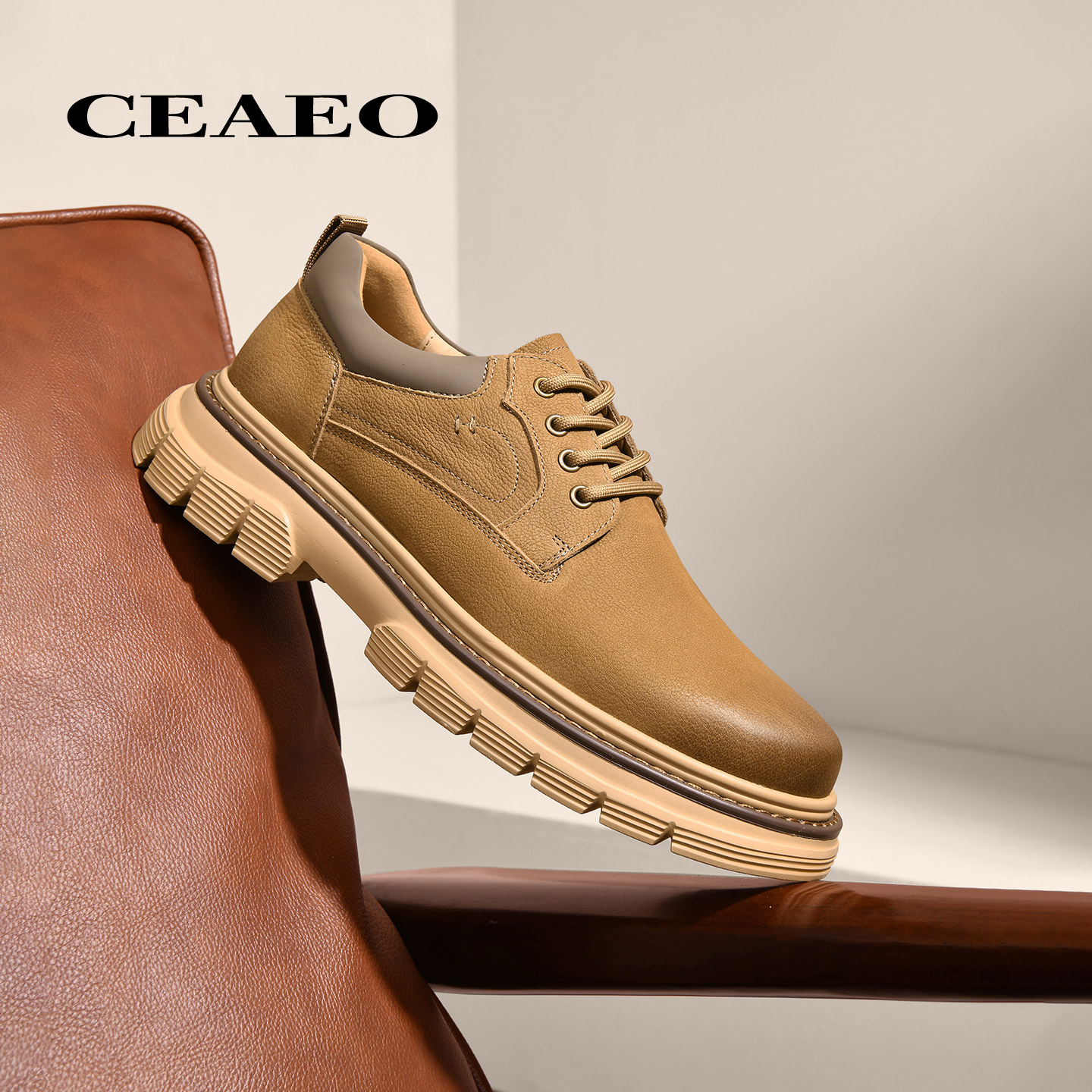 西二男鞋厚底真牛皮休闲鞋男士2025秋冬季工装低帮马丁鞋G25R3590