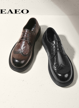 西二男士圆头商务正装皮鞋男2026春季布洛克真皮新郎结婚E25A2510