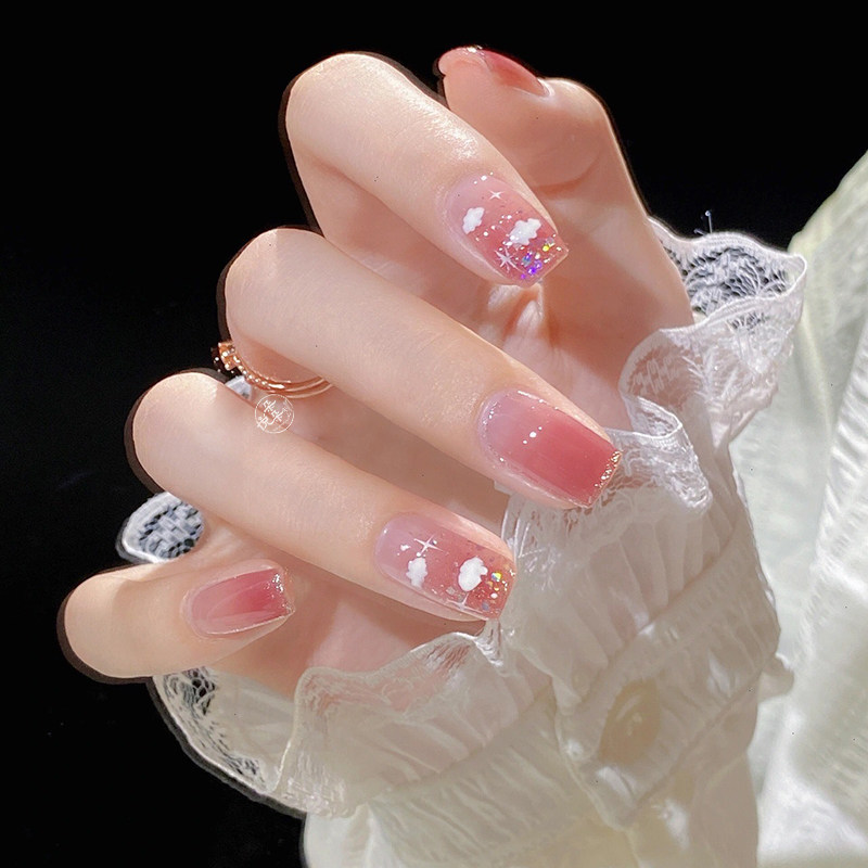 穿戴甲短款冰透蜜桃星云美甲贴片成品奶味十足手绘星云晕染渐变,彩妆/香水/美妆工具,美甲工具,淘宝优惠券,粉丝福利购,淘宝优惠卷
