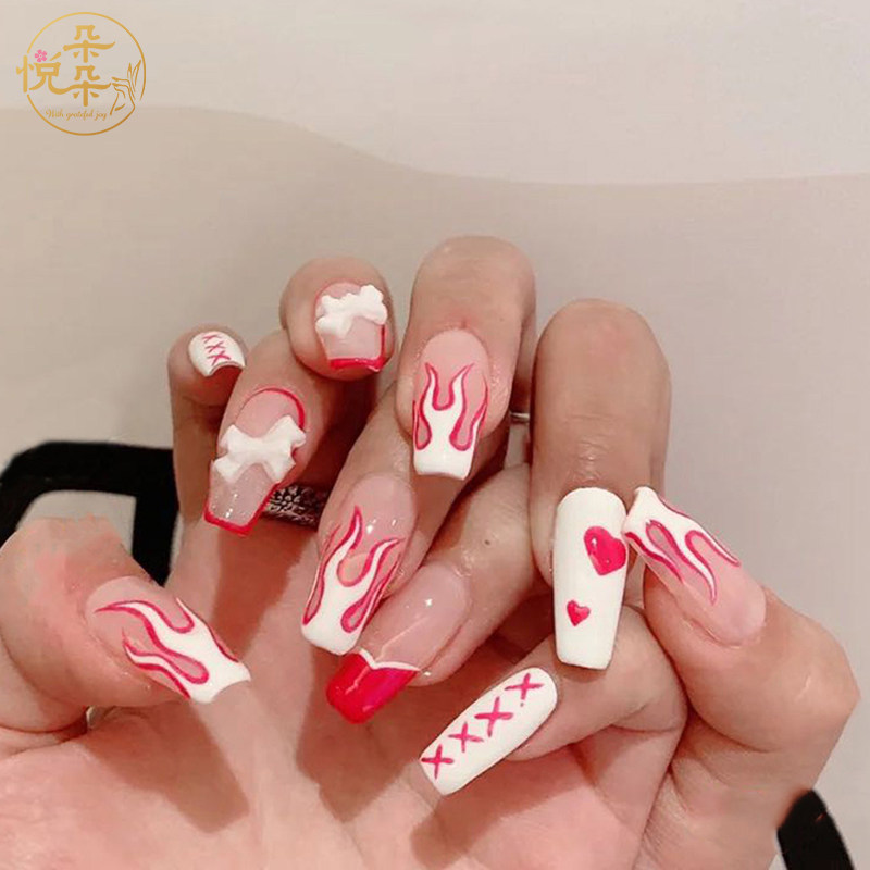 穿戴甲显白温柔童趣个性玫红色火焰美甲贴片鸳鸯粉蝴蝶结假指甲