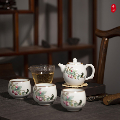 景德镇纯手工手绘汝窑中式粉彩仿古花鸟茶杯家陶瓷茶具整套装可养 - 封面