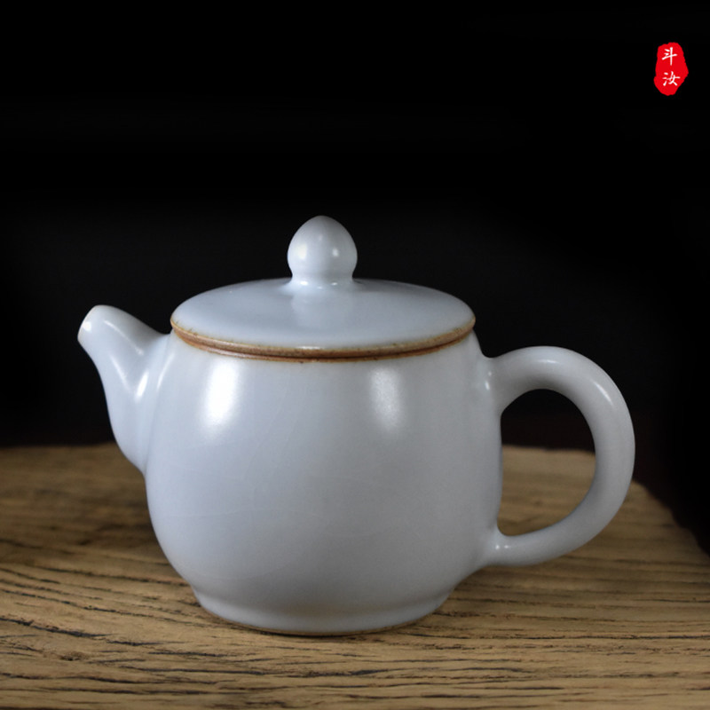 纯手工月白汝窑开片现代简约白色茶壶景德镇家用陶瓷过滤单壶小号