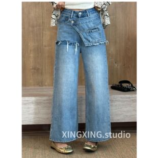 女洋气直筒长裤 复古高腰拼接假两件阔腿牛仔裤 459 新款 X.x.春季