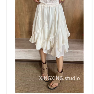 X.x.韩系时尚高腰半身裙女不规则设计感拼接短款蕾丝纱裙子6635