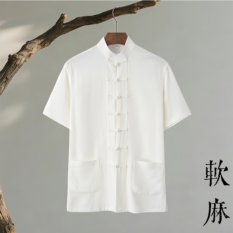 中式亚麻短袖男士唐装夏季图片
