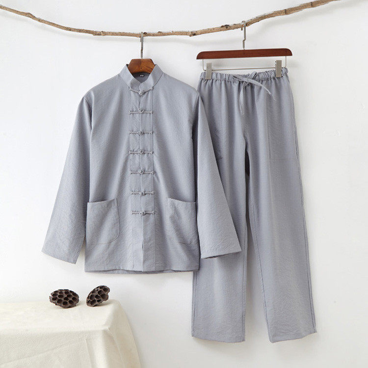 中国风唐装男夏季薄款长袖套装弹力棉麻中式长袖男装两件套禅修服