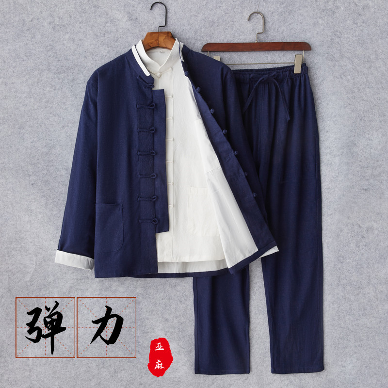 中国风男装中式复古套装弹力亚麻