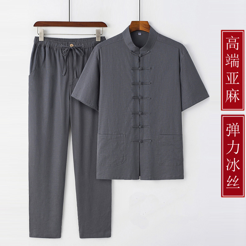 中国风弹力冰丝亚麻男装唐装