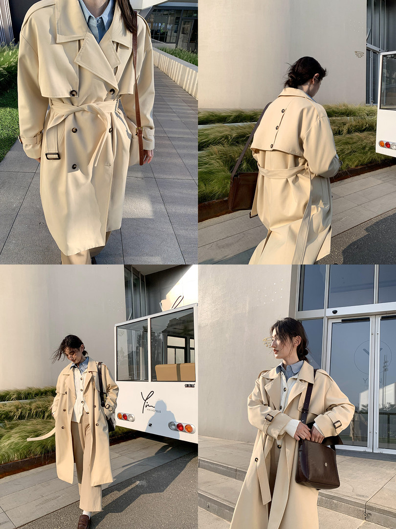 Beige trench coat worn by a model in multiple outdoor views