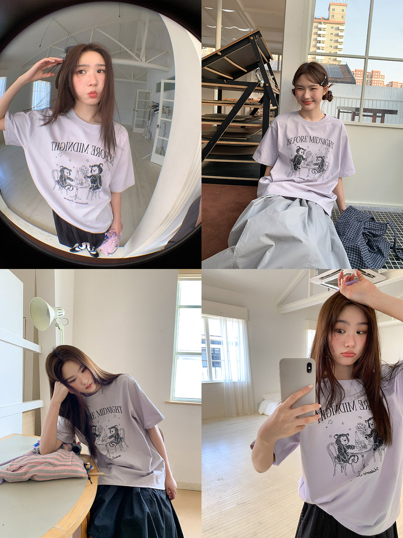 Lavender graphic t-shirt worn by a model in multiple poses