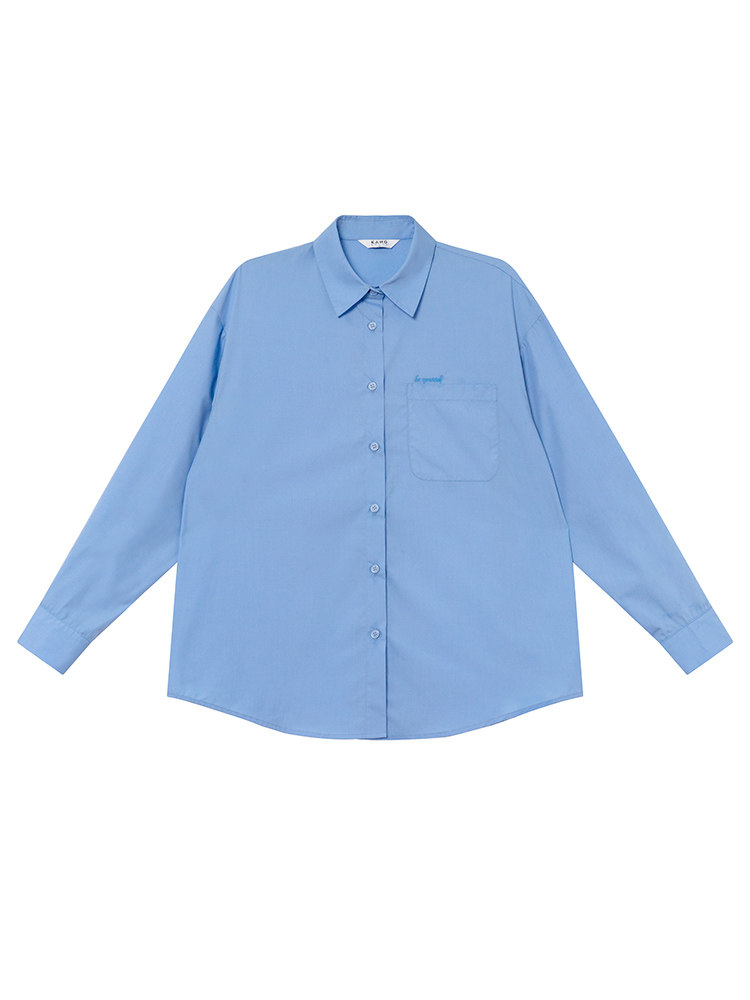 Light blue long-sleeve button-up shirt laid flat on a white background