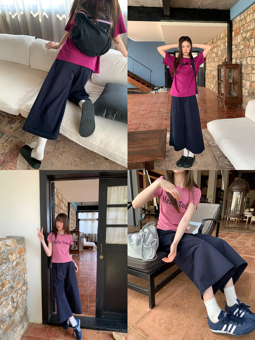 Model wearing a pink graphic T-shirt with navy wide-leg pants in a casual outfit collage
