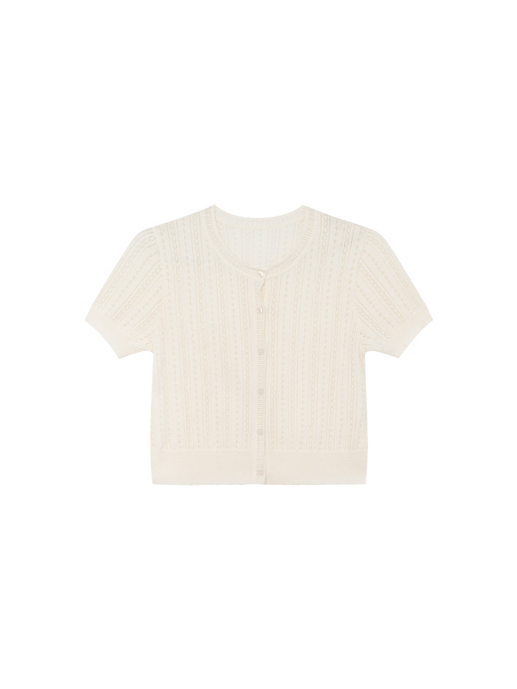 White short-sleeve knit cardigan on a white background