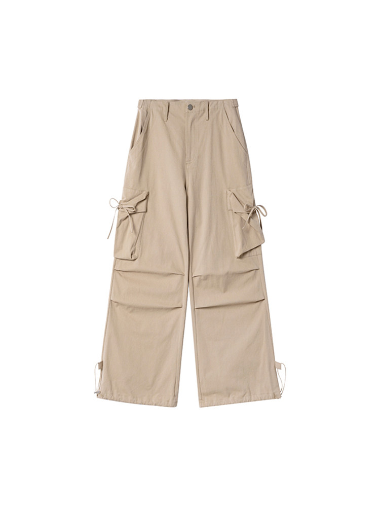 Beige cargo pants laid flat on a white background