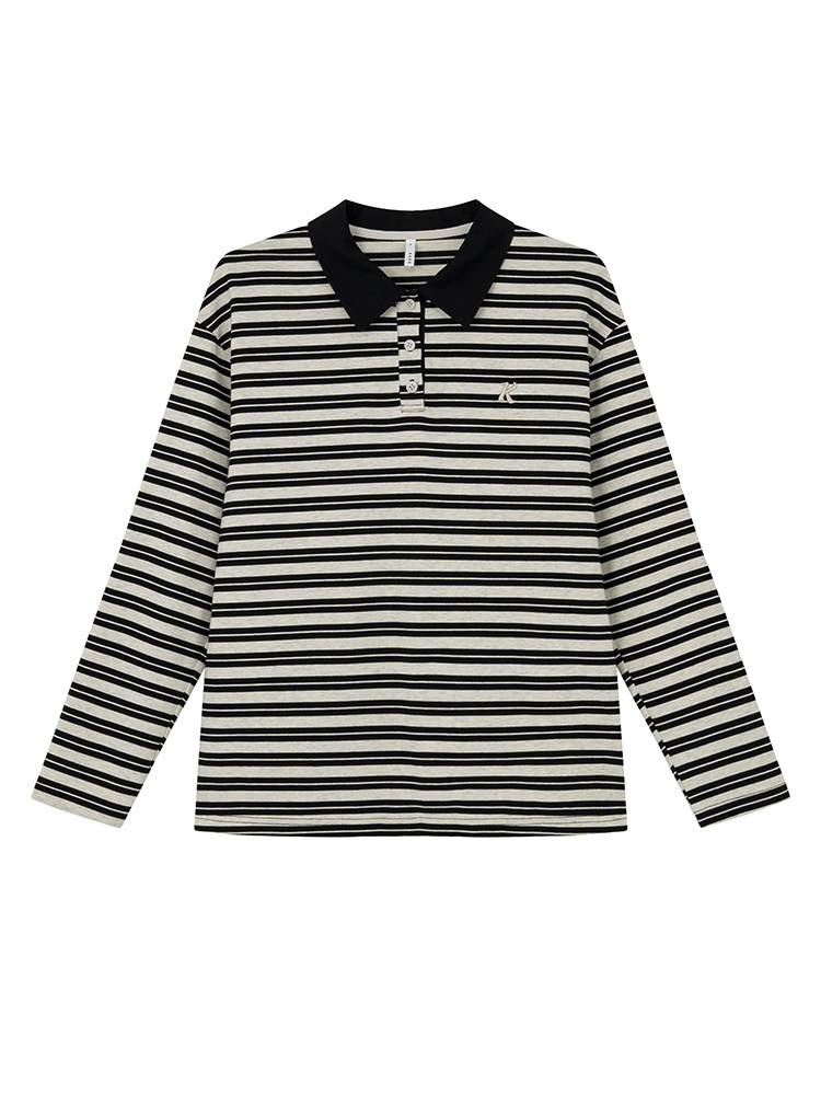 Black and white striped long-sleeve polo shirt on a white background