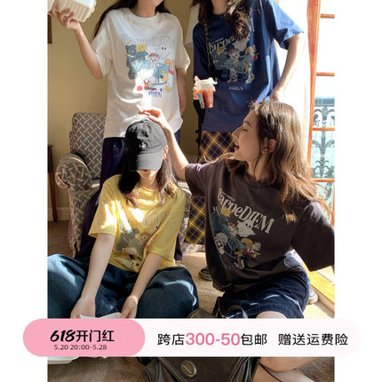 你好卡农 原创动物派对印花短袖t恤女春2024新款宽松内搭长袖上衣