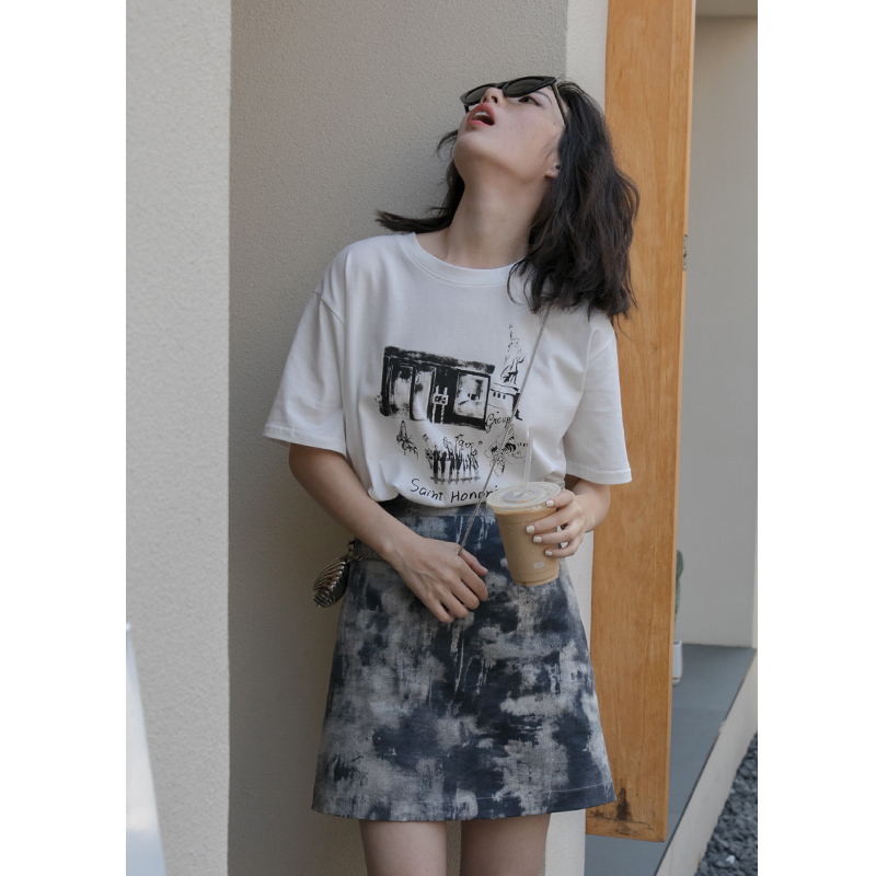 你好卡农 原创印花短袖t恤女夏2023年新款港味宽松圆领百搭上衣潮