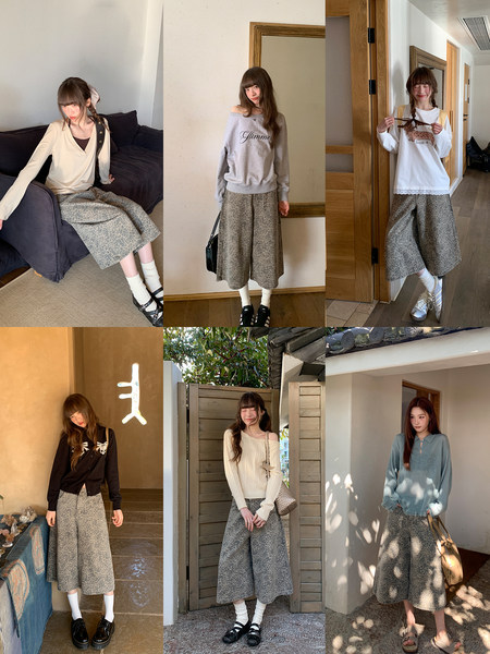 Collage of models wearing leopard print wide-leg cropped pants with different tops and shoes