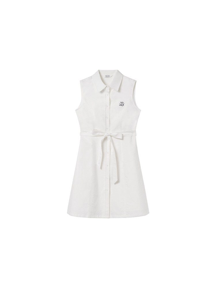 White sleeveless shirt dress with a belted waist on a white background
