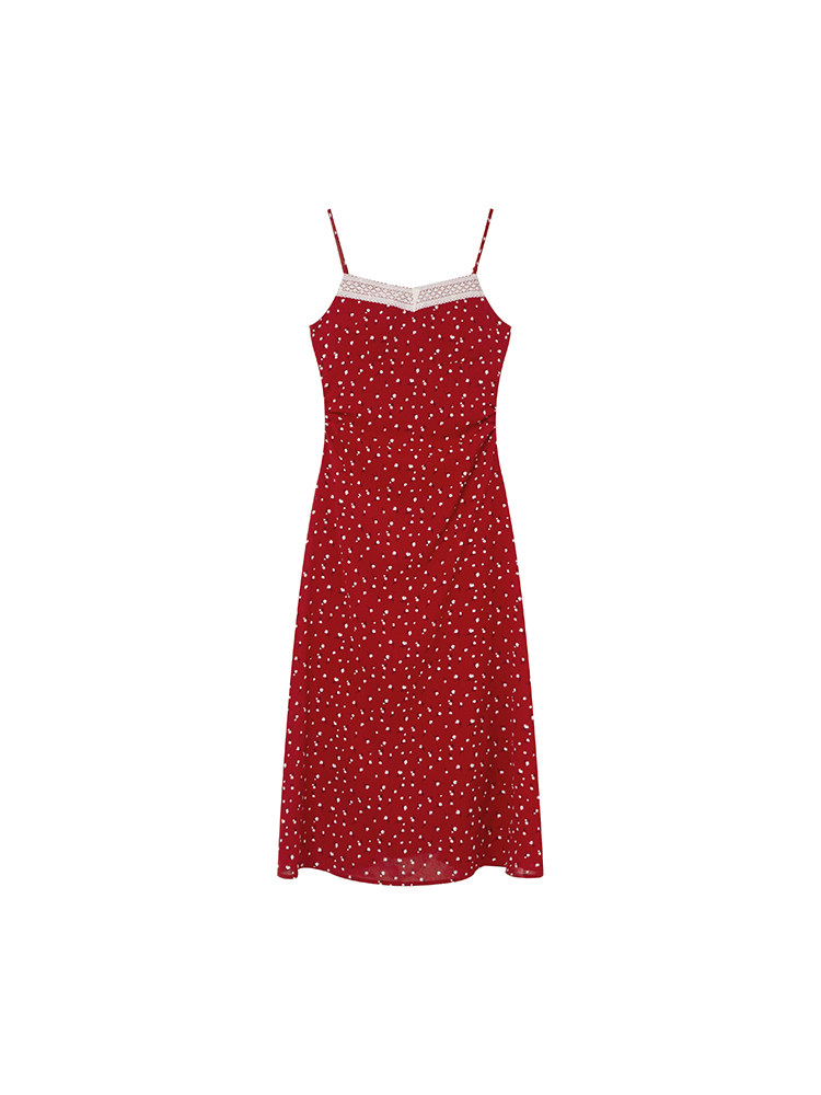 Red spaghetti-strap midi dress with small white print and lace-trim neckline on a white background