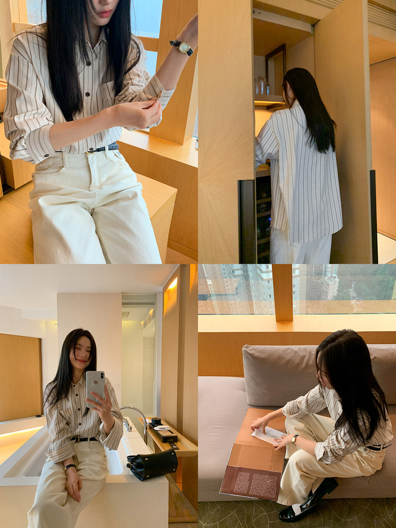 Model wearing a striped button-up shirt with cream trousers in a mirror selfie collage