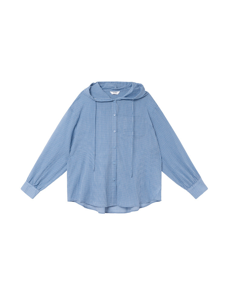 Light blue hooded button-up shirt on a white background