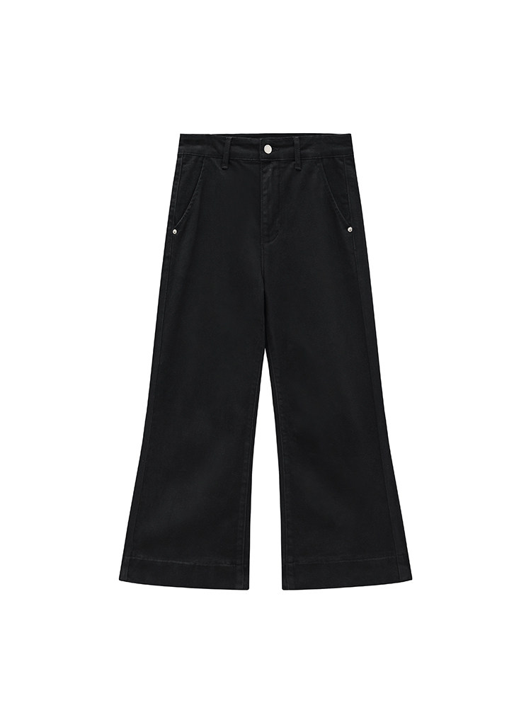 Black wide-leg pants laid flat on a white background