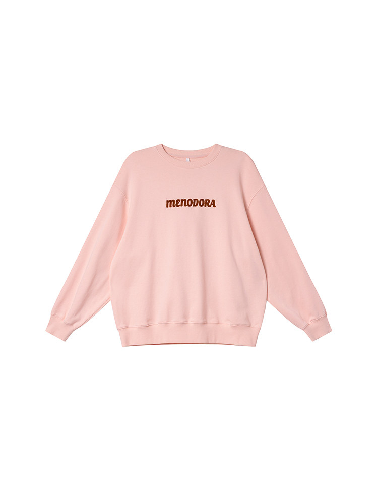 Pink crewneck sweatshirt with "menodora" text on the front