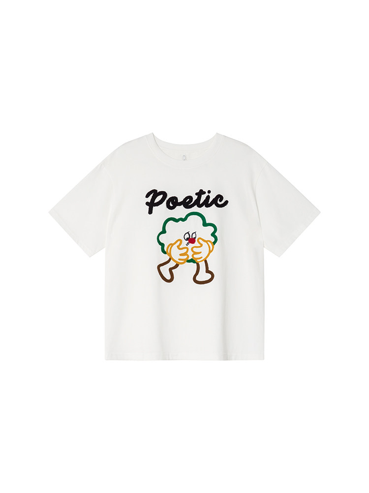 White graphic T-shirt with "Poetic" print on a plain background