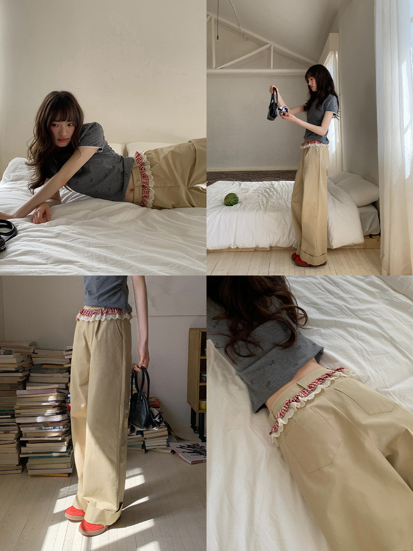 A young woman modeling a casual outfit with a gray cropped top and beige wide-leg pants in multiple poses