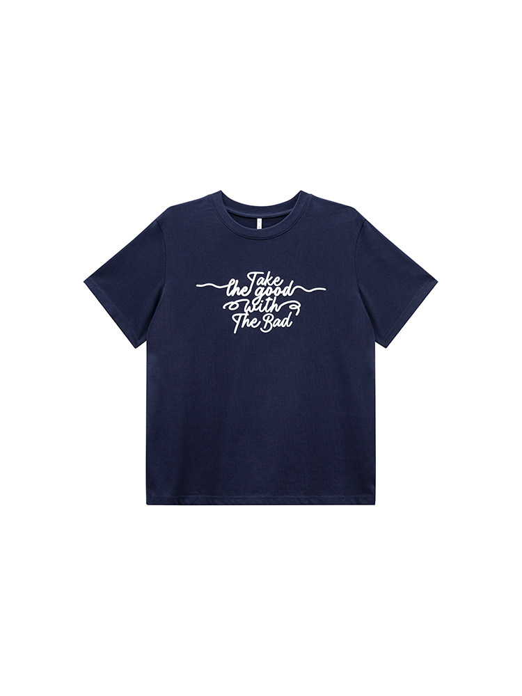 Navy graphic T-shirt laid flat with white text print on the chest