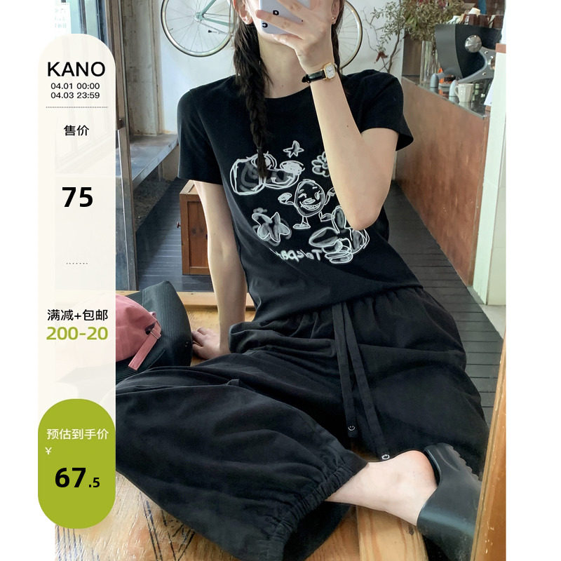 你好卡农 原创卡通涂鸦印花正肩短袖t恤女夏季修身小个子新款上衣