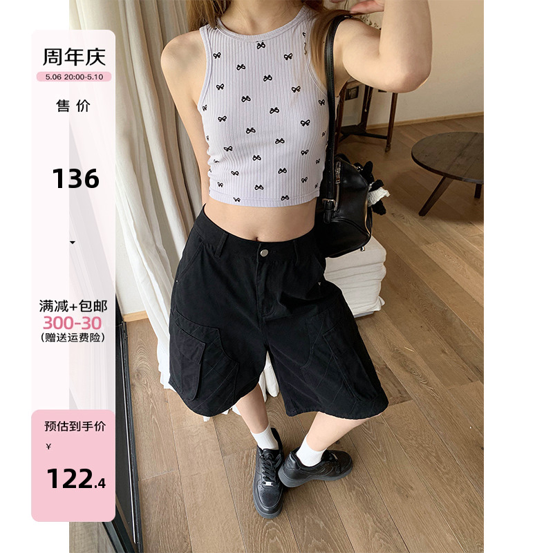 你好卡农 工装口袋压线牛仔短裤女夏季2024新款小个子阔腿五分裤