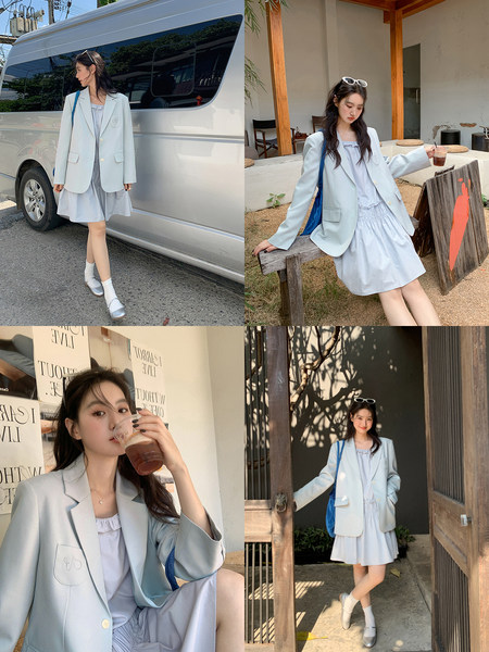 Woman modeling a light blue blazer dress outfit in multiple lifestyle photos
