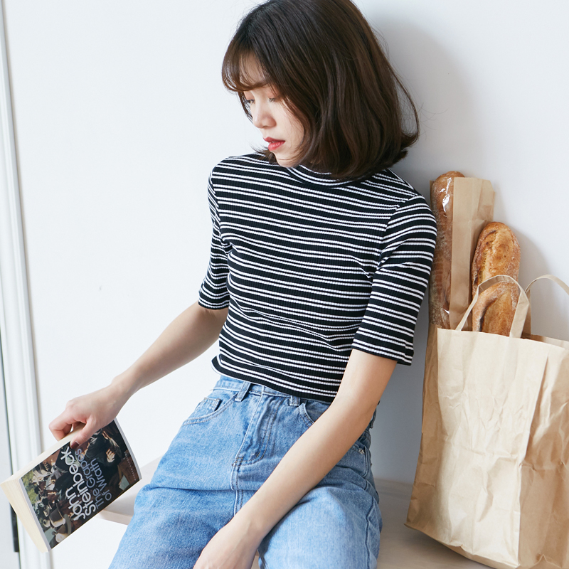 卡农自制 2018夏季女装百搭新款修身显瘦条纹短袖T恤学生上衣tee