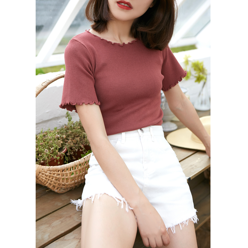 卡农自制 2018夏季新款裸线花边圆领修身显瘦针织T恤/上衣/TEE3色