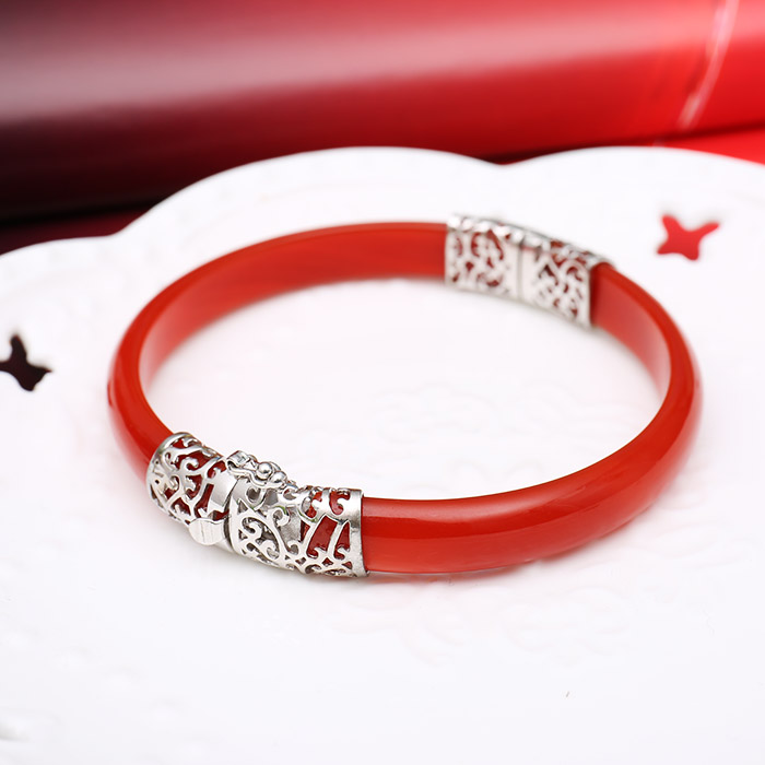 原创设计天然复古红玛瑙手镯925纯银黑玛瑙开口镯子女式玉石银镯