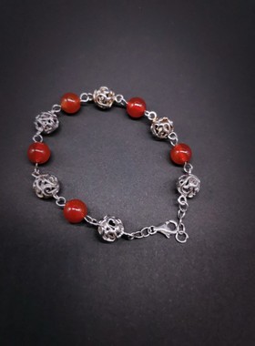 本命年手链牡丹缘银复古玛瑙女