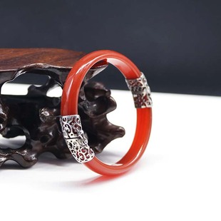 顺丰复古小众本命年红手镯玉镯925银镶玛瑙手镯银镯子开口玉镯子