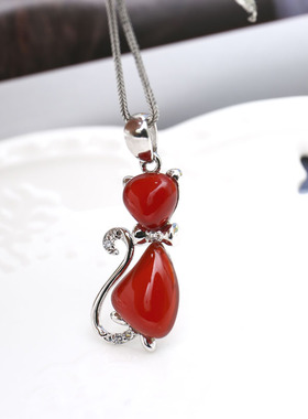 品牌纯银小猫吊坠礼物玛瑙