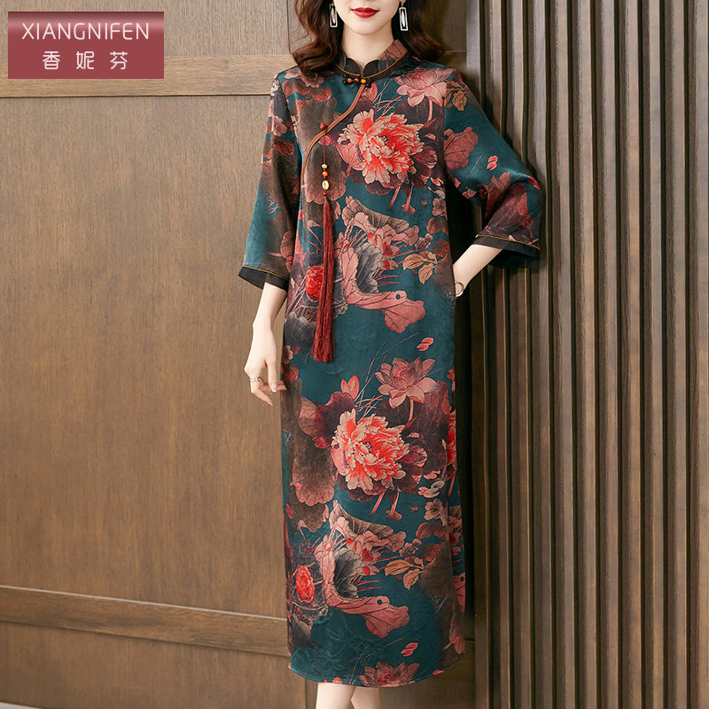 香妮芬重缎提花40姆米真丝香云纱连衣裙女夏2025新款高贵改良旗袍,女装/女士精品,连衣裙,淘宝优惠券,粉丝福利购,淘宝优惠卷