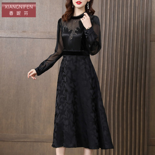 气质丝绒裙收腰 时尚 香妮芬黑色高端醋酸拼接连衣裙女2025新款 秋季