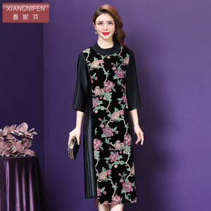 香妮芬高端拼接丝绒连衣裙女2026春季新款复古黑色大码气质中长裙