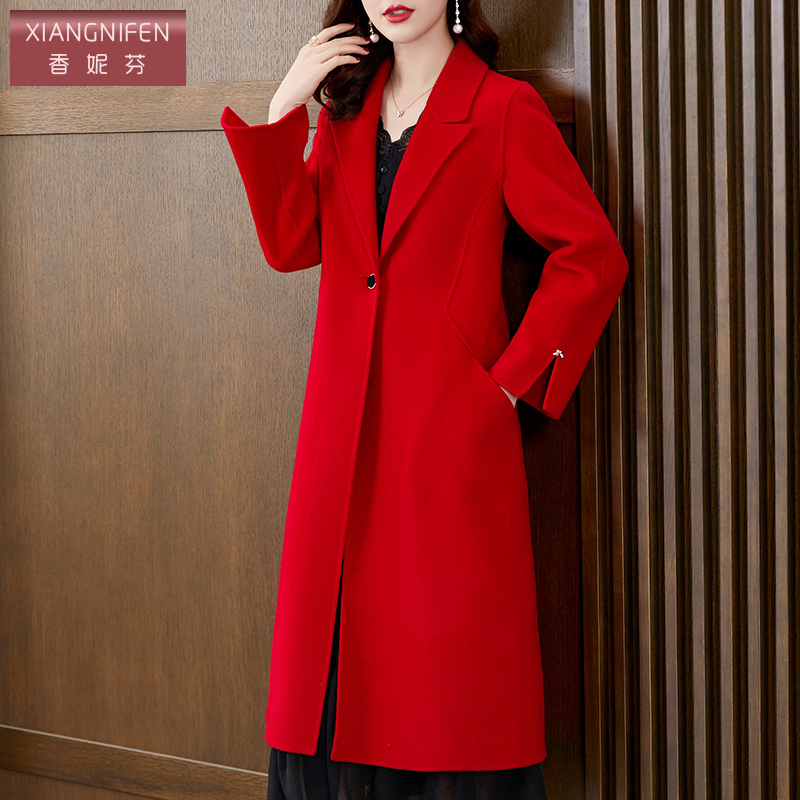 香妮芬红色洋气双面呢大衣女2022新款冬季羊毛羊绒中长款通勤外套-封面