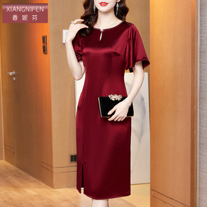 香妮芬重工钉珠妈妈婚宴醋酸礼服2026新款夏季高端精致婚庆连衣裙