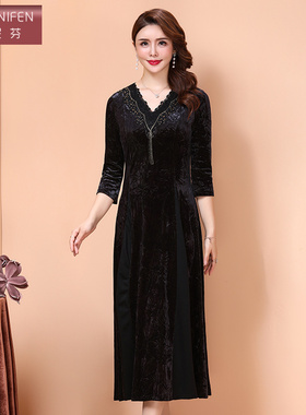 香妮芬金丝绒连衣裙高贵洋气2026春季新款黑色高端贵夫人丝绒裙子