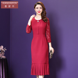 香妮芬高贵修身名媛气质连衣裙女2026春季新款优雅a字裙红色裙子