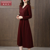 香妮芬红色洋气休闲连衣裙女高贵优雅2025新款 秋季 阔太太贵夫人裙