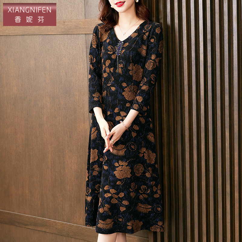 香妮芬气质高端中年妈妈洋气连衣裙2025新款秋季修身收腰中长款女