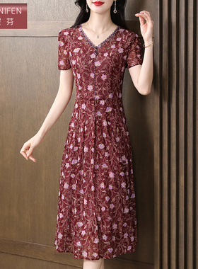 香妮芬高端气质红色碎花短袖妈妈连衣裙2026夏季新款端庄大气女装